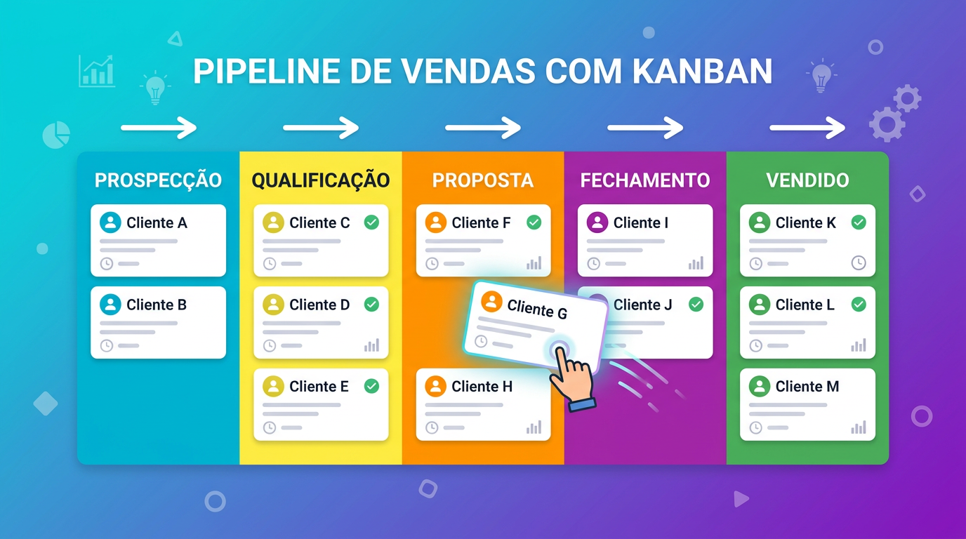 Pipeline de vendas com quadro Kanban visual