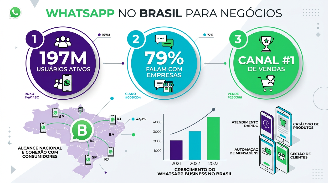 Infográfico com dados de uso do WhatsApp por empresas no Brasil — 197 milhões de usuários