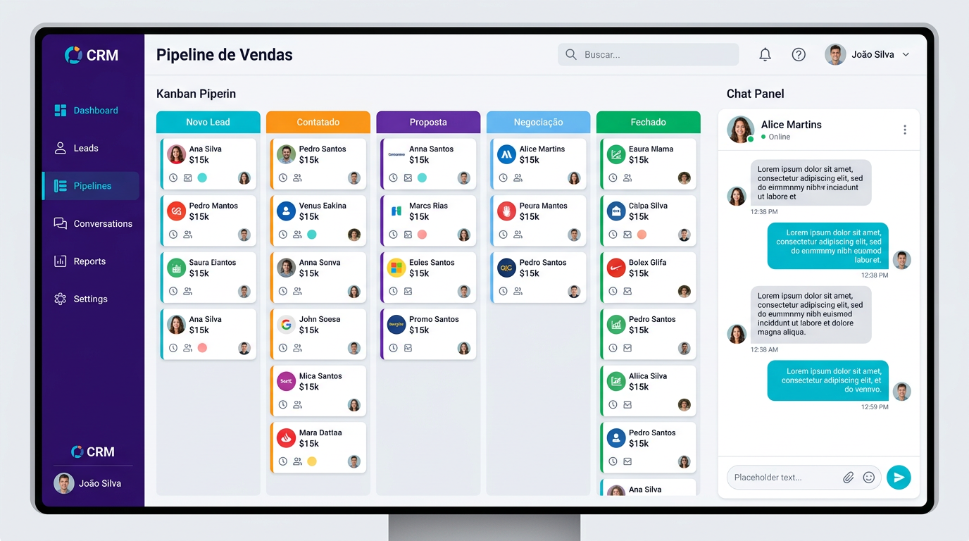 Dashboard do CRM Fort mostrando pipeline Kanban, conversas e painel de atendimento