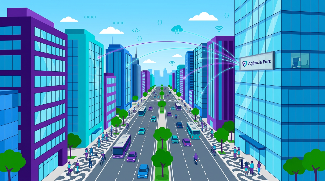 Ilustração da Avenida Paulista em São Paulo representando a sede da Agência Fort