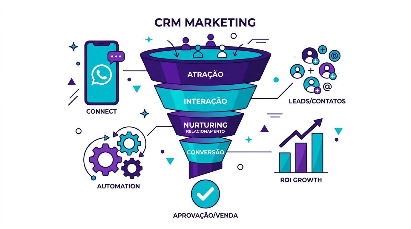 Ilustração conceitual de CRM Marketing com funil de vendas, WhatsApp e automações
