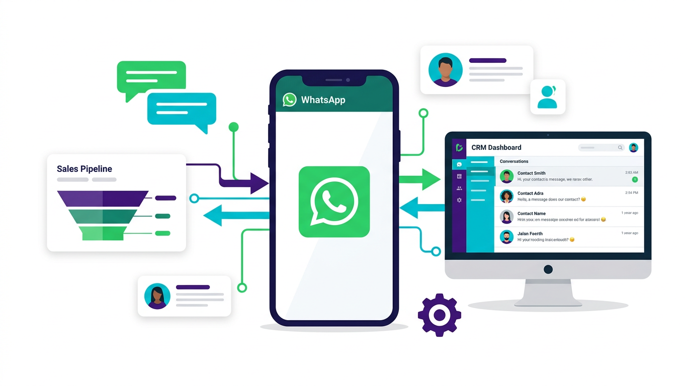 Ilustração de smartphone WhatsApp conectado ao painel CRM com fluxo de mensagens