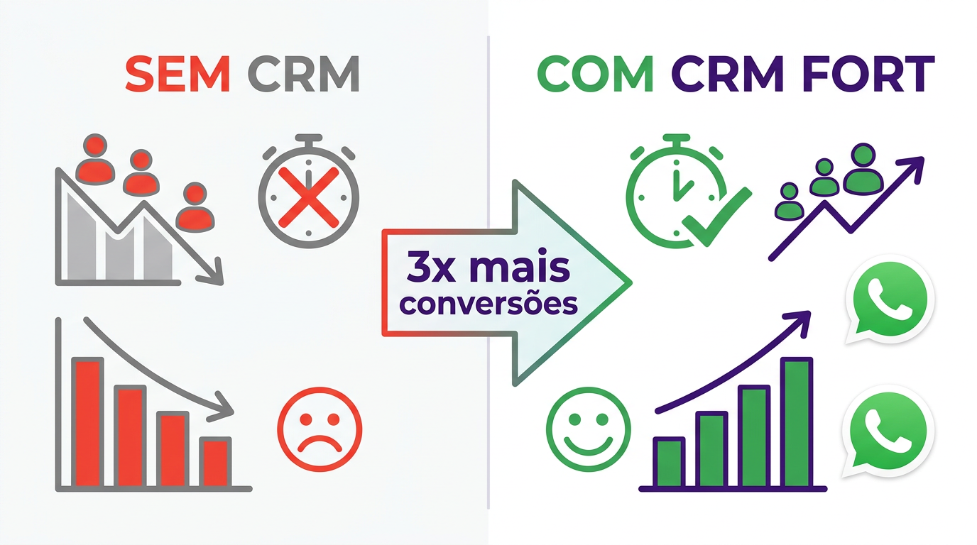 Infográfico comparando resultados sem CRM versus com CRM Fort — 3x mais conversões