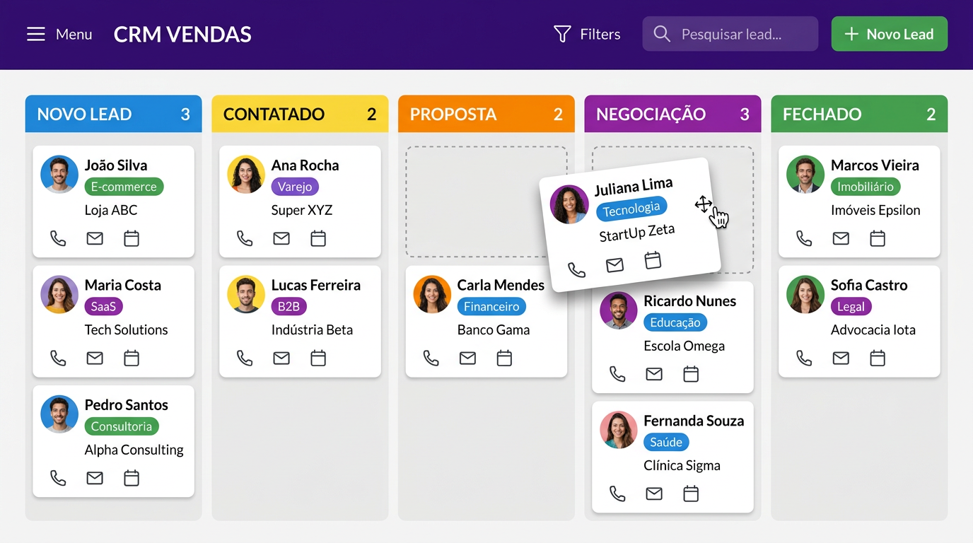Pipeline de vendas Kanban do CRM Fort