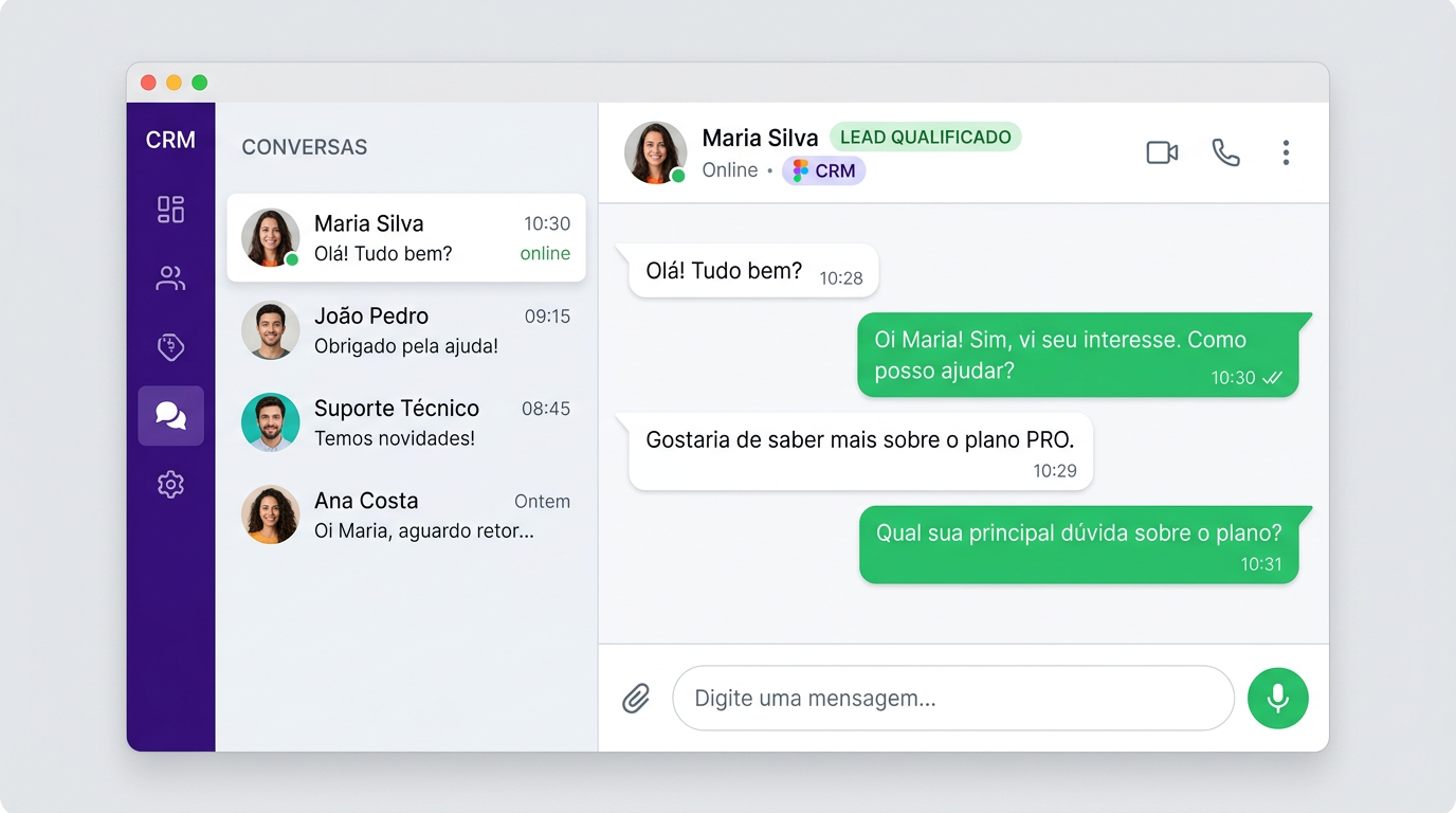 Interface do CRM Fort com chat WhatsApp integrado