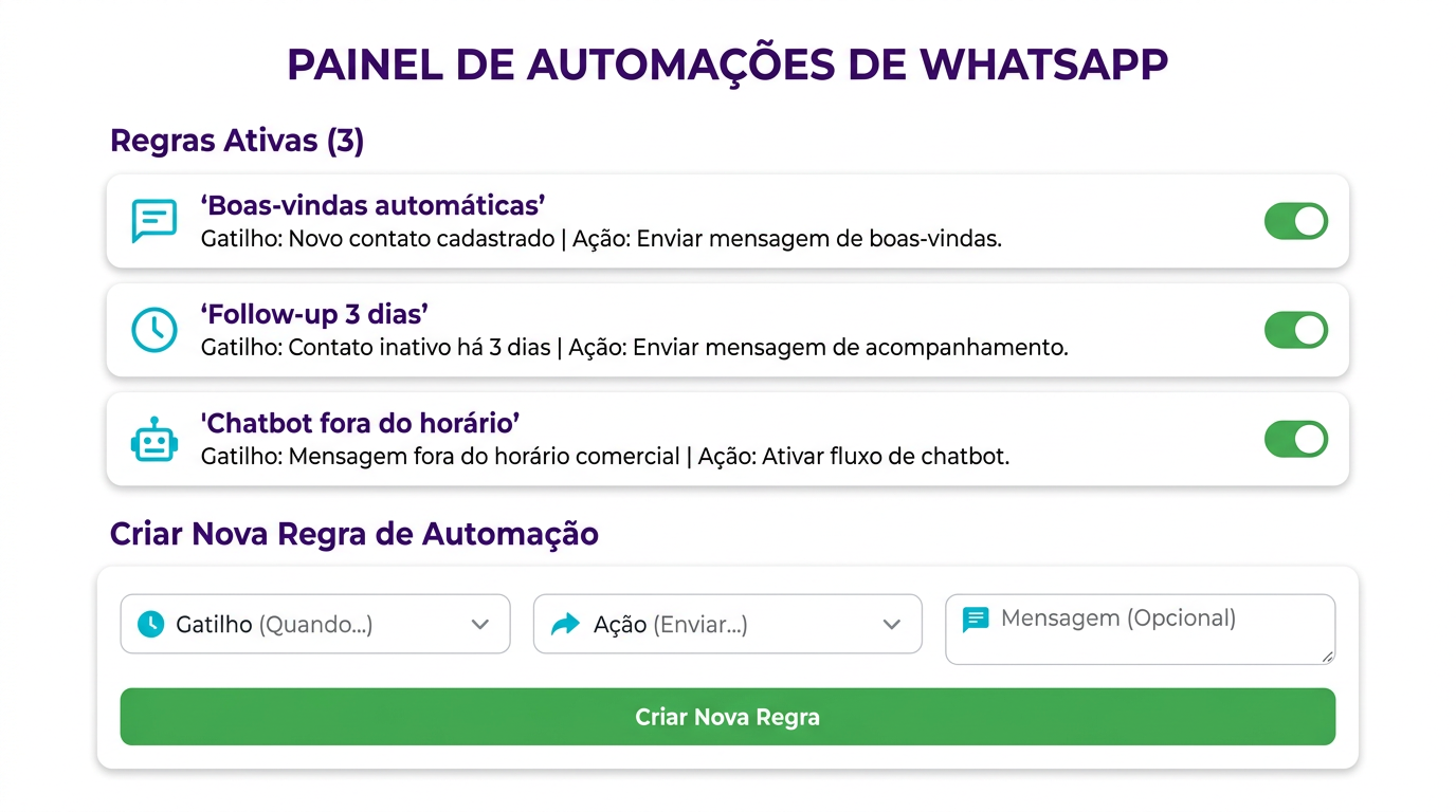 Painel de automações do CRM Fort com regras de boas-vindas e follow-up para WhatsApp
