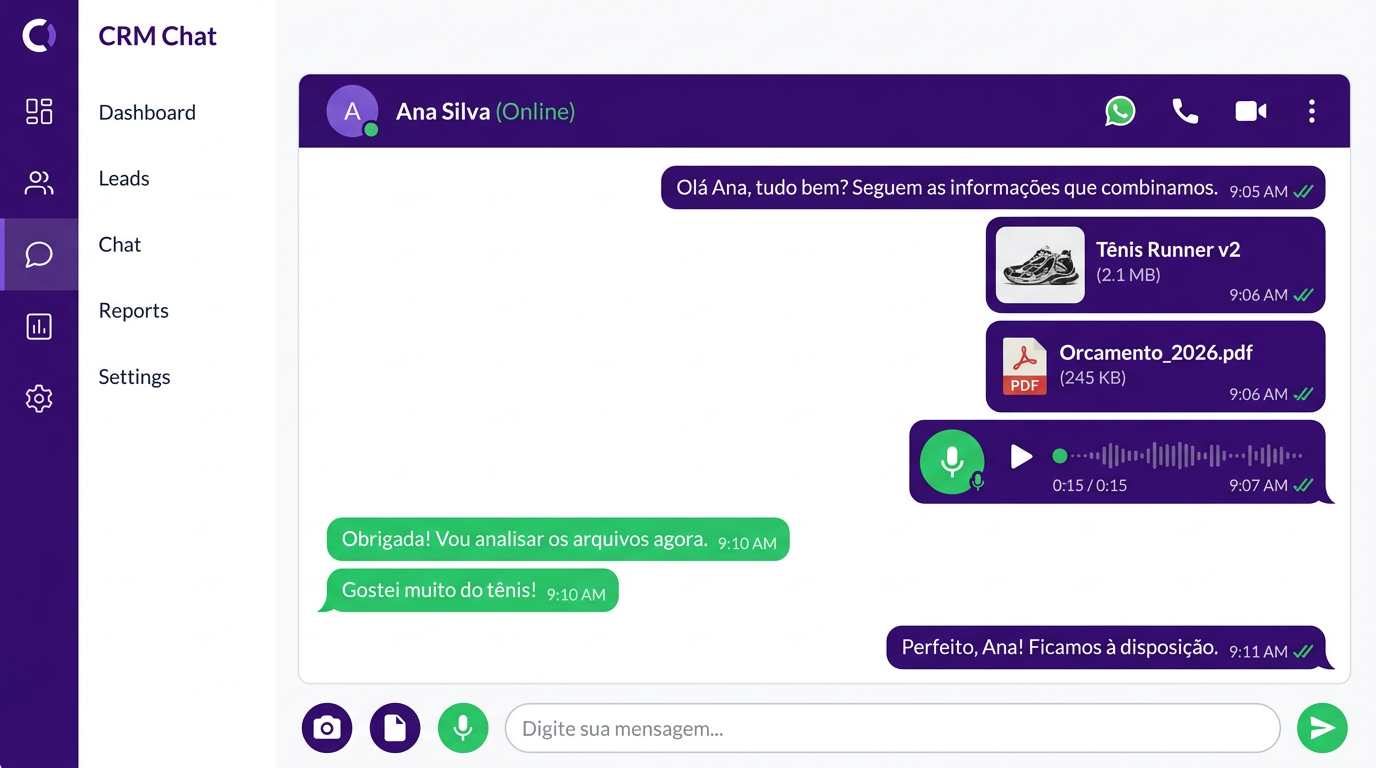 Chat do CRM Fort mostrando envio de imagem, PDF e áudio via WhatsApp