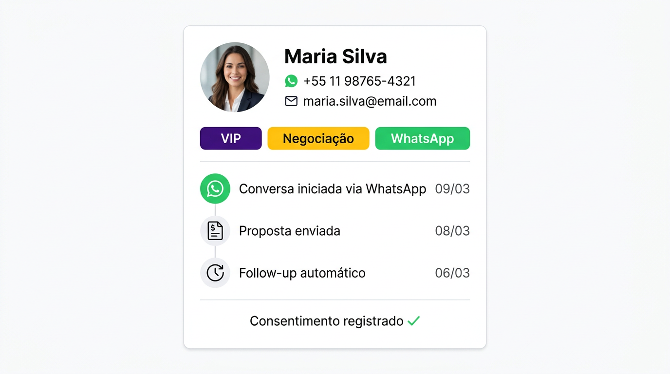 Perfil de contato no CRM Fort com etiquetas coloridas, histórico WhatsApp e LGPD