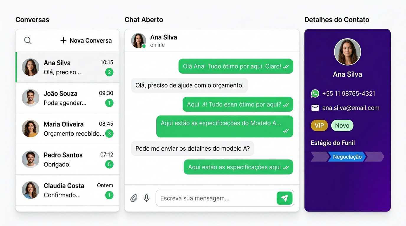 Painel centralizado do CRM Fort com lista de conversas WhatsApp e dados do contato